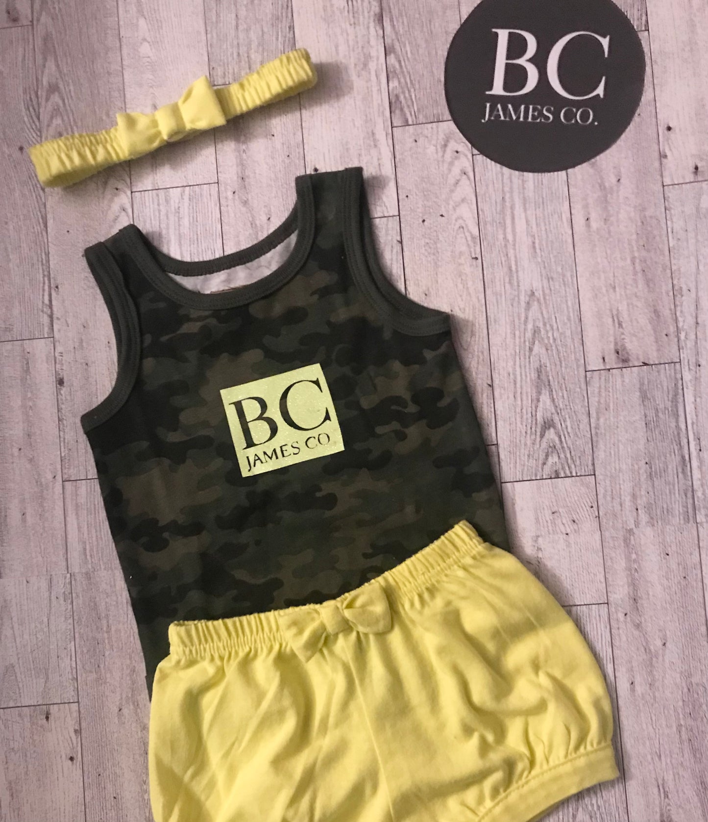 B.C JAMES CO. camo onesie and shorts outfit with matching headband