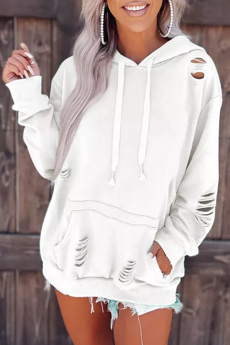 Comfy Ripped Hooded Sweatshirt With Front Pocket