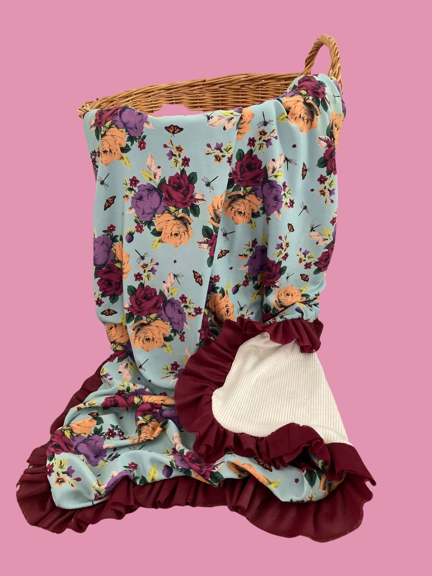 Baby blanket, Turquoise floral with dark maroon ruffled trim, crib blanket, car seat blanket, stroller blanket, B.C JAMES CO.