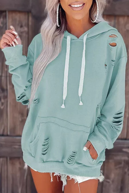 Comfy Ripped Hooded Sweatshirt With Front Pocket