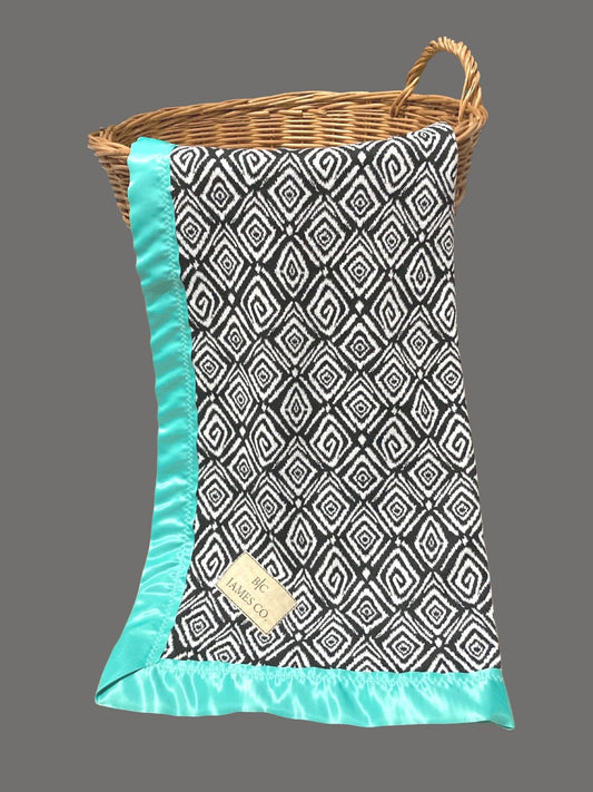 Baby blanket, Black white and turquoise, crib blanket, car seat blanket, stroller blanket, B.C JAMES CO.