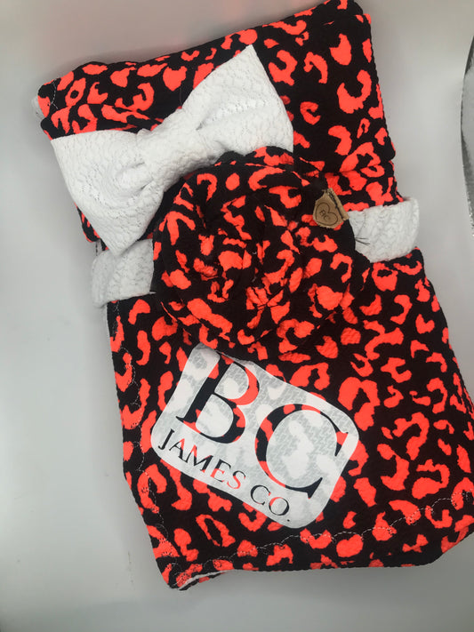 B.C JAMES CO. Cheetah Baby blanket with matching flower style bow headband and head wrap style bow headband