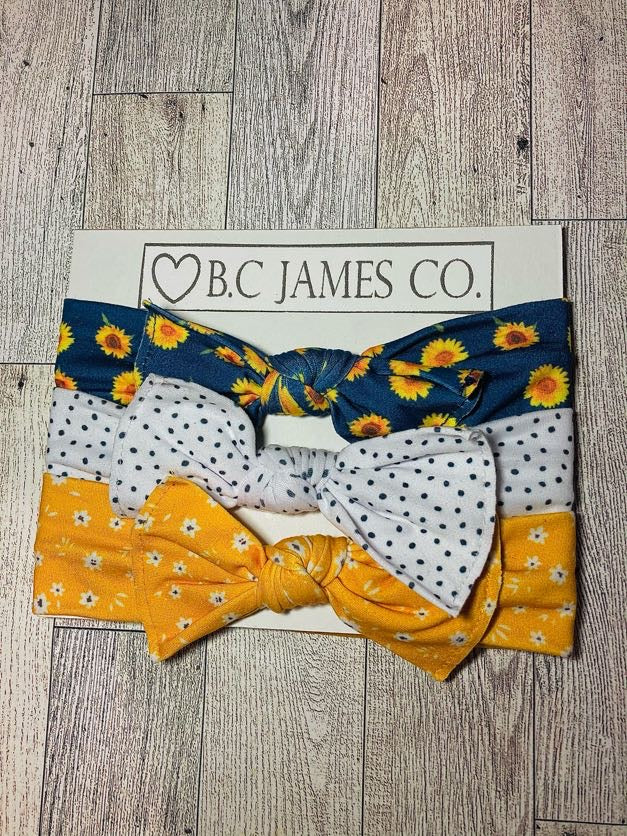 (3) B.C JAMES CO. Knot head bands, sunflowers, polka dots, yellow