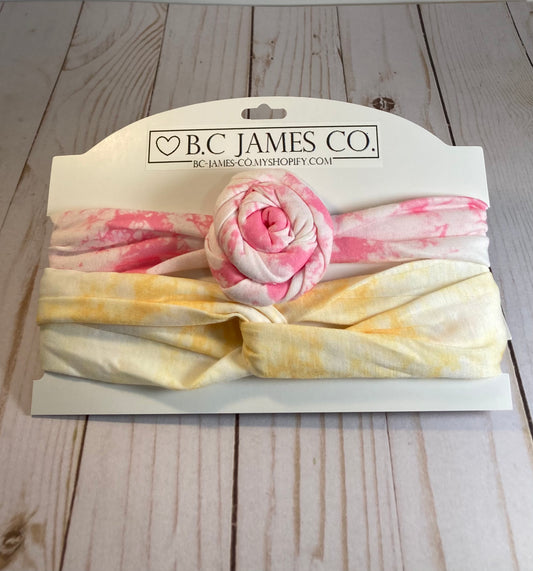 Baby girl head bands, pink and yellow, tie die, knot head bands, B.C JAMES CO.