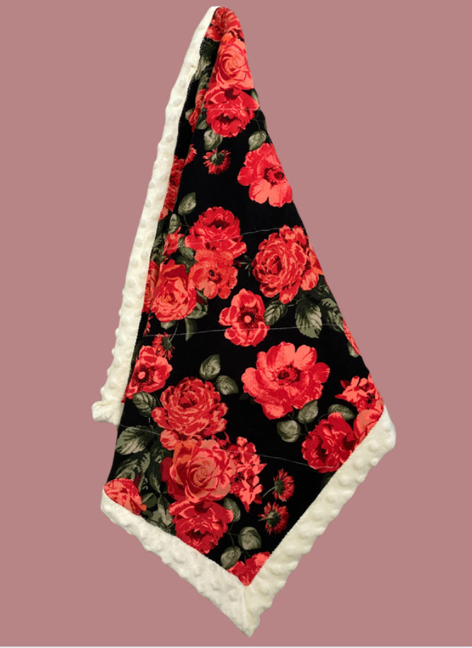 Baby blanket, black and red floral, cream colored minky trim and backing, super soft, B.C JAMES CO.