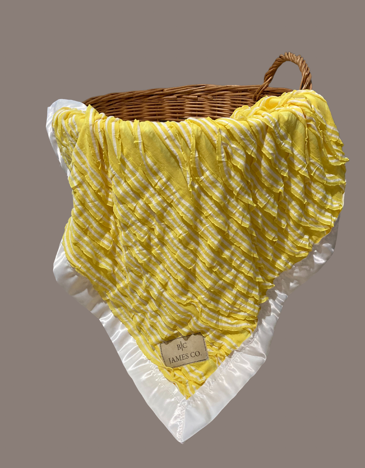 Baby blanket, yellow and white striped ruffles, car seat blanket, stroller blanket, B.C JAMES CO