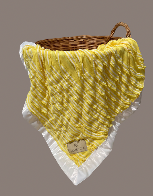 Baby blanket, yellow and white striped ruffles, car seat blanket, stroller blanket, B.C JAMES CO