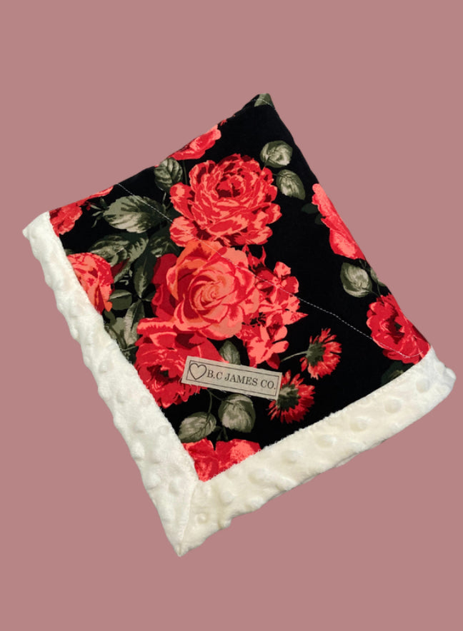 Baby blanket, black and red floral, cream colored minky trim and backing, super soft, B.C JAMES CO.