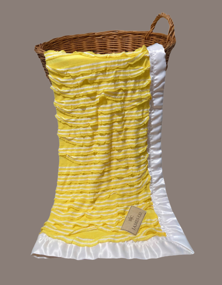 Baby blanket, yellow and white striped ruffles, car seat blanket, stroller blanket, B.C JAMES CO