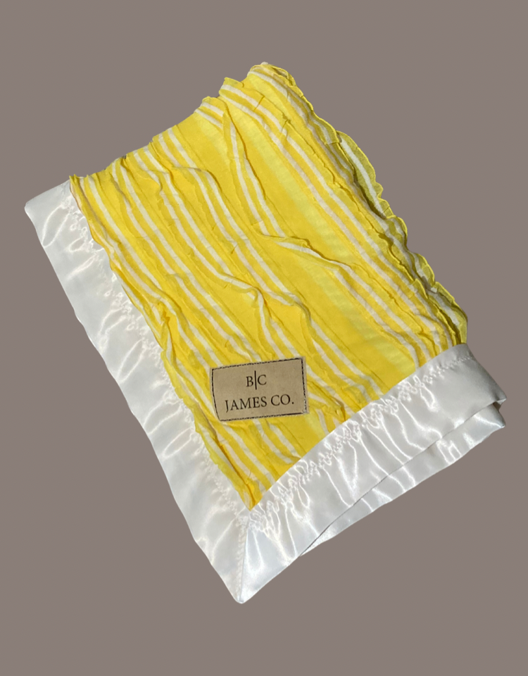 Baby blanket, yellow and white striped ruffles, car seat blanket, stroller blanket, B.C JAMES CO