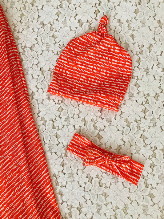 Orange and white striped Newborn swaddle set, boy or girl swaddle set, soft and cozy, BC JAMES CO.